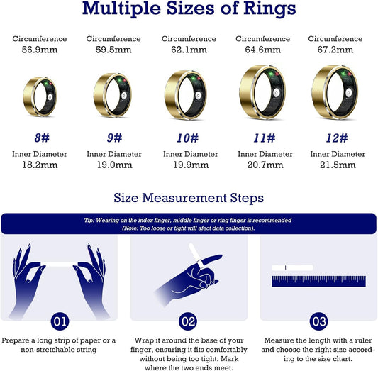 Smart Ring Health Tracker, Sleep Tracker Ring with Heart Rate, Waterproof Fitness Ring for Activity Monitoring/Steps/Distance/Calories,Air Gestures,Up to 7-Day Battery,For Ios Android (Light Gold,#12)